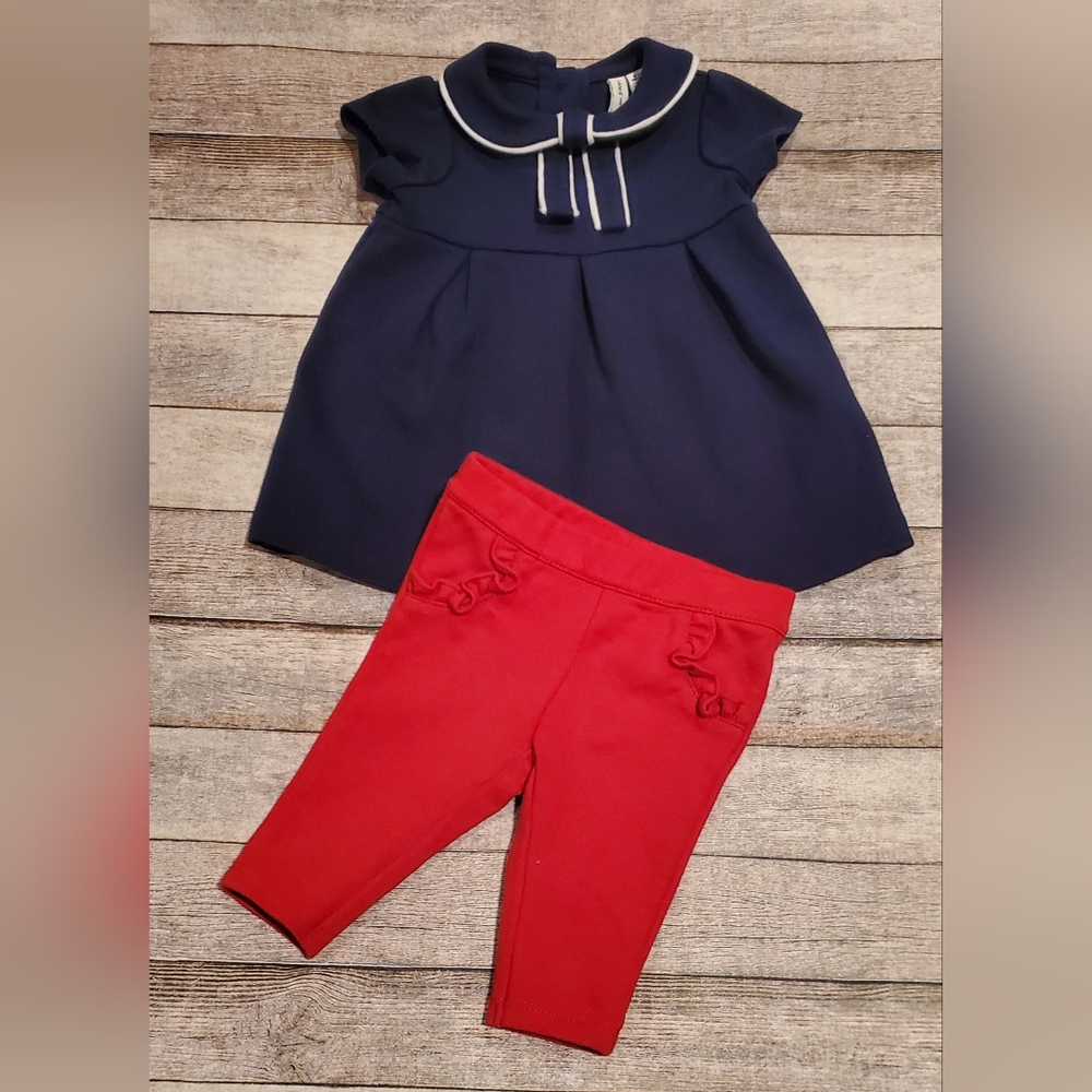 Janie & Jack The Scenic Route Navy Bow Ponte Dress & Ruffle Pocket Red Pant 0-3M